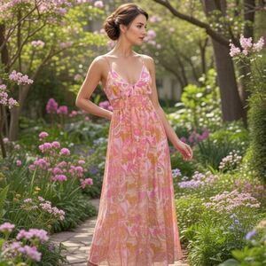 Spaghetti Strap Coquette Soft Girl Flowy Paisley Pink Spring Maxi Dress Size M